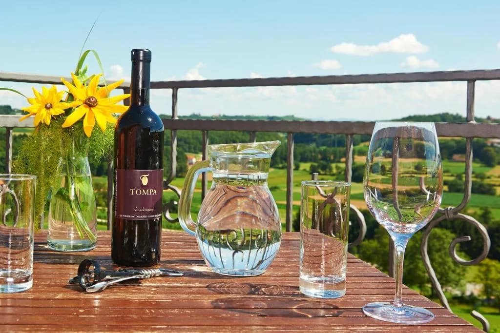 Steklenica vina in kozarci na terasi s pogledom na gorice